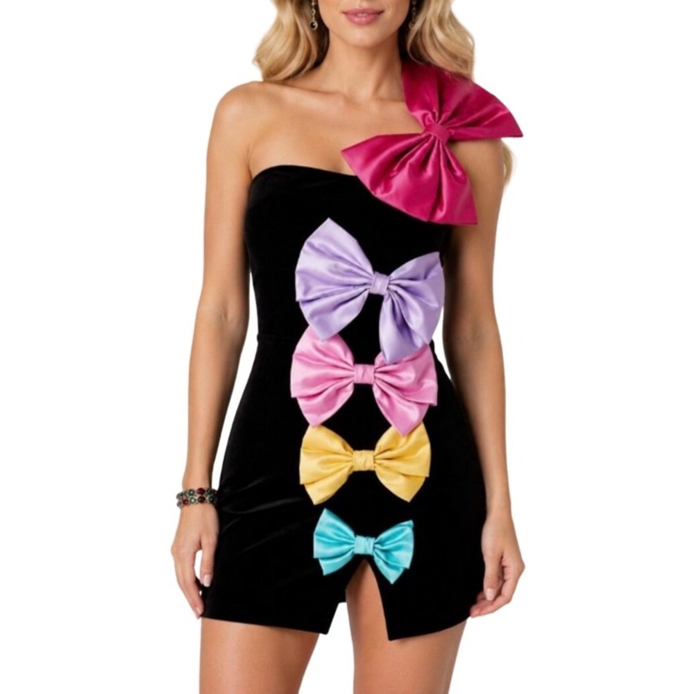 JOHNNY WUJEK NEW Small Mini Dress Black Velvet Multi Color Bow Retro 70's Prom
